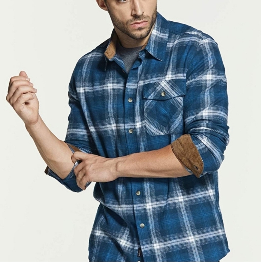 CQR Men’s Blue Plaid Flannel Button Up Shirt Long Sleeves 100% Cotton Size XS